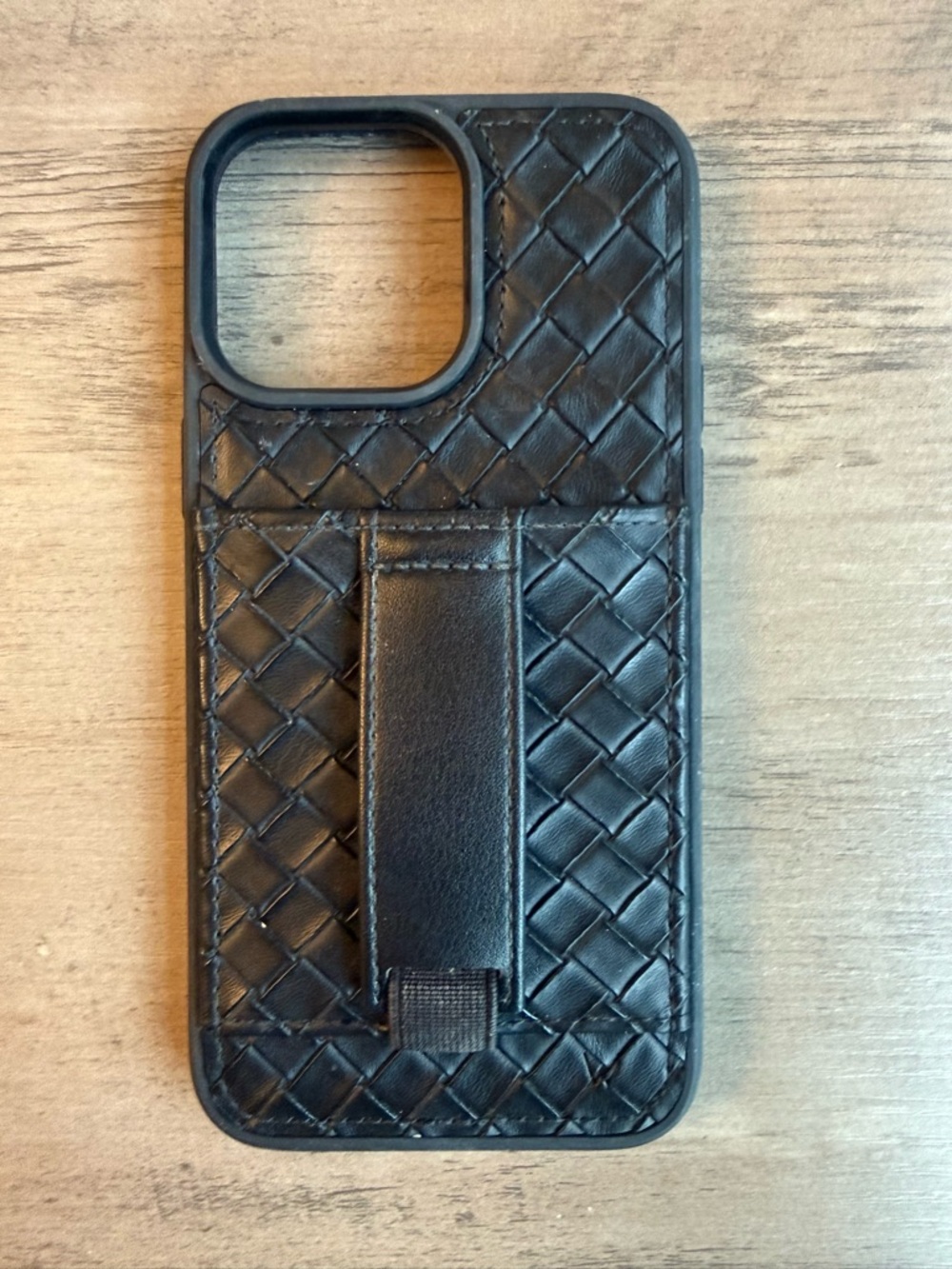 Woven-Pattern Black Phone Case with Hand Strap